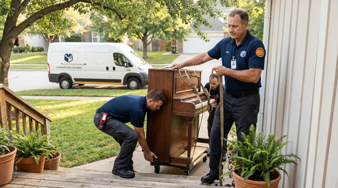 Licensed piano movers securing grand piano in Pittsboro, NC
