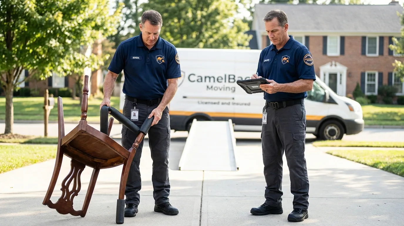 Movers inspecting furniture for damage prevention before loading in Pittsboro, NC